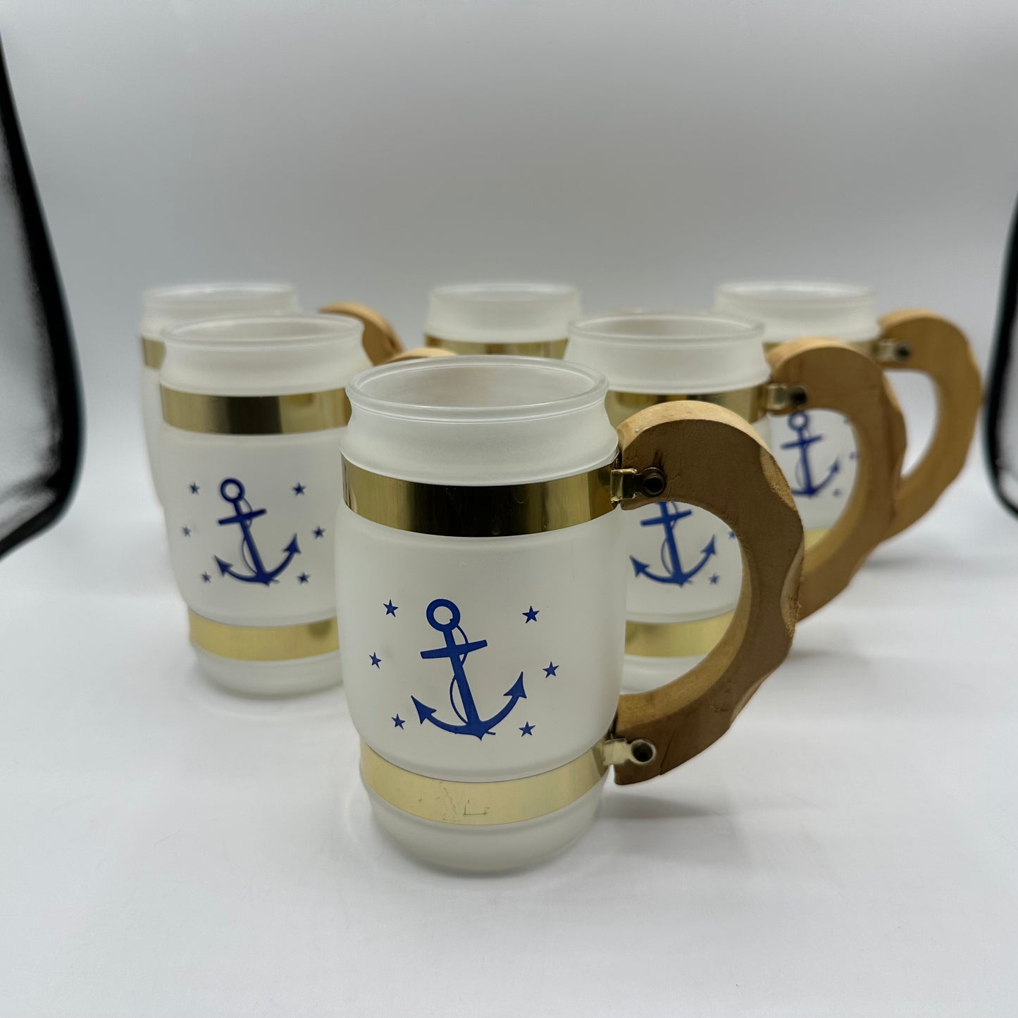 Siesta Ware Nautical Anchor Frosted Mugs with Wood Handles, Set of 6