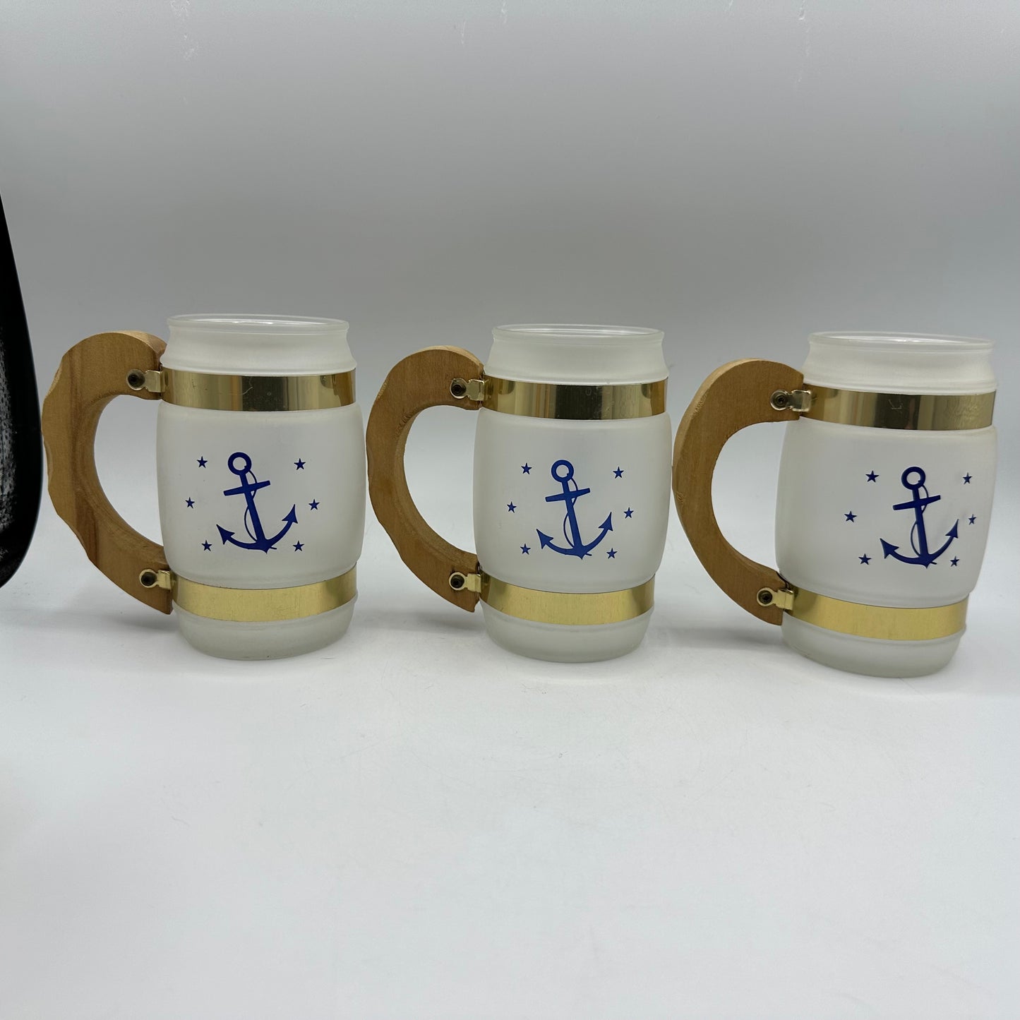Siesta Ware Nautical Anchor Frosted Mugs with Wood Handles, Set of 6