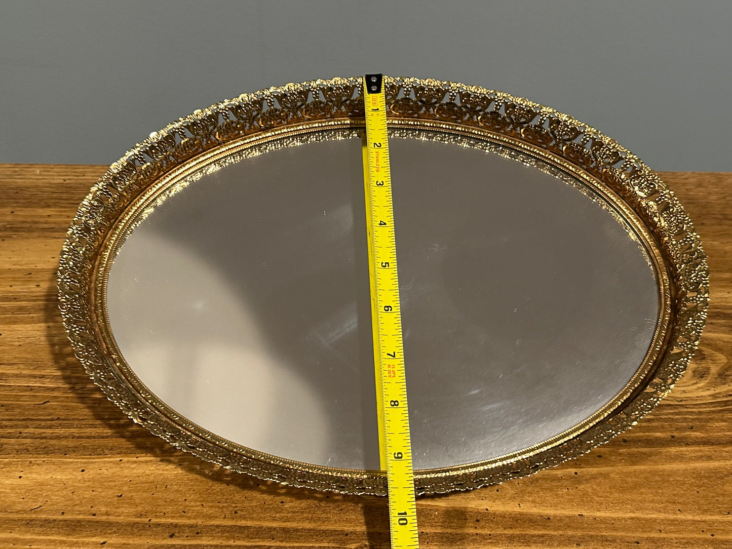 Oval Mirror Filigree Perfume Tray 13 1/2" Wide