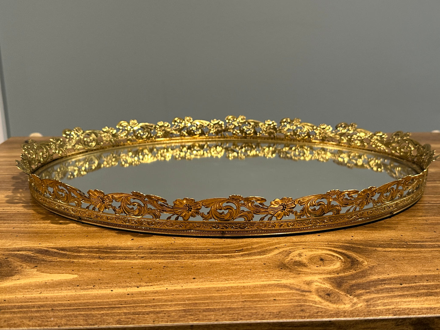 Oval Mirror Filigree Perfume Tray 17" Wide