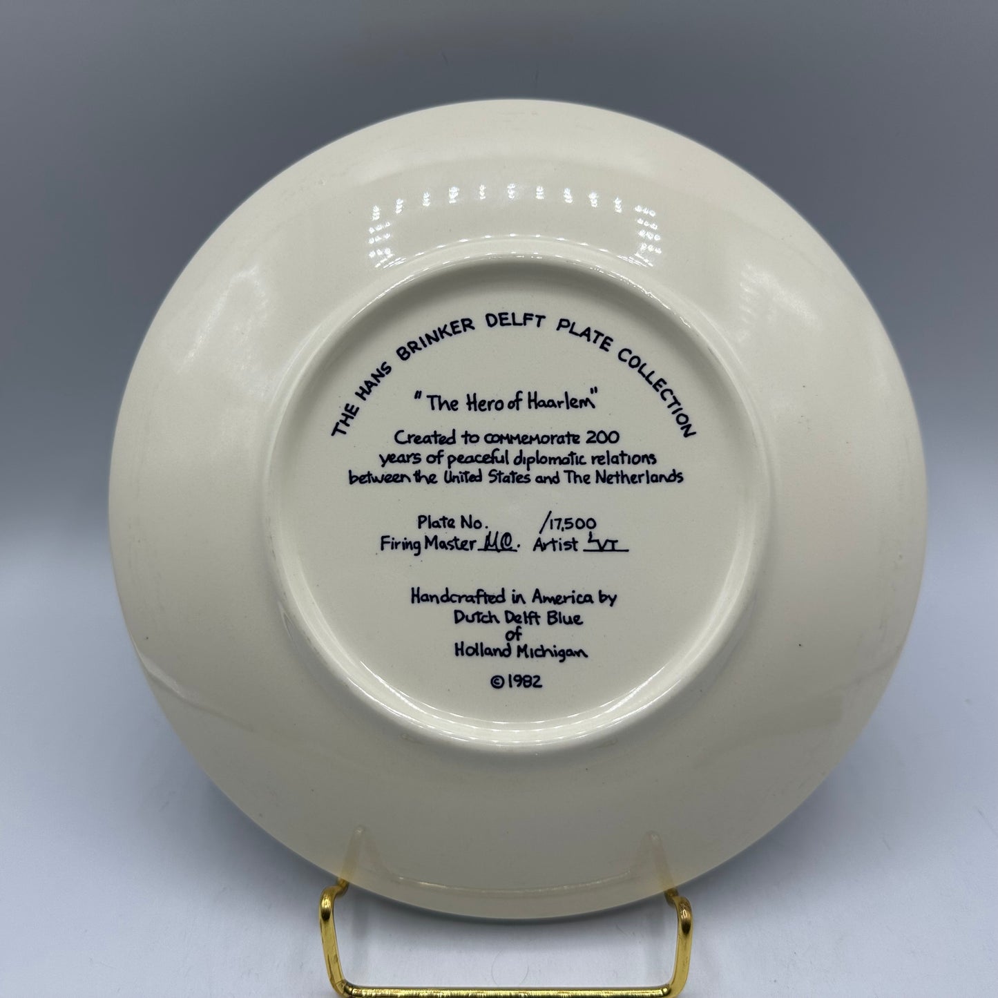 Hans Brinker Delft Plate 1982 "The Hero of Haarlam"