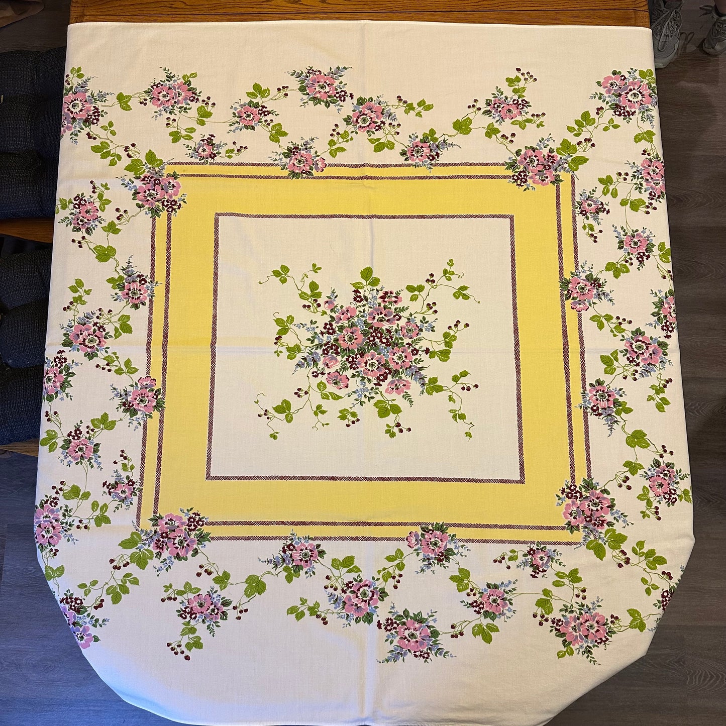 Pink Floral and Yellow Border Tablecloth 47 X 51