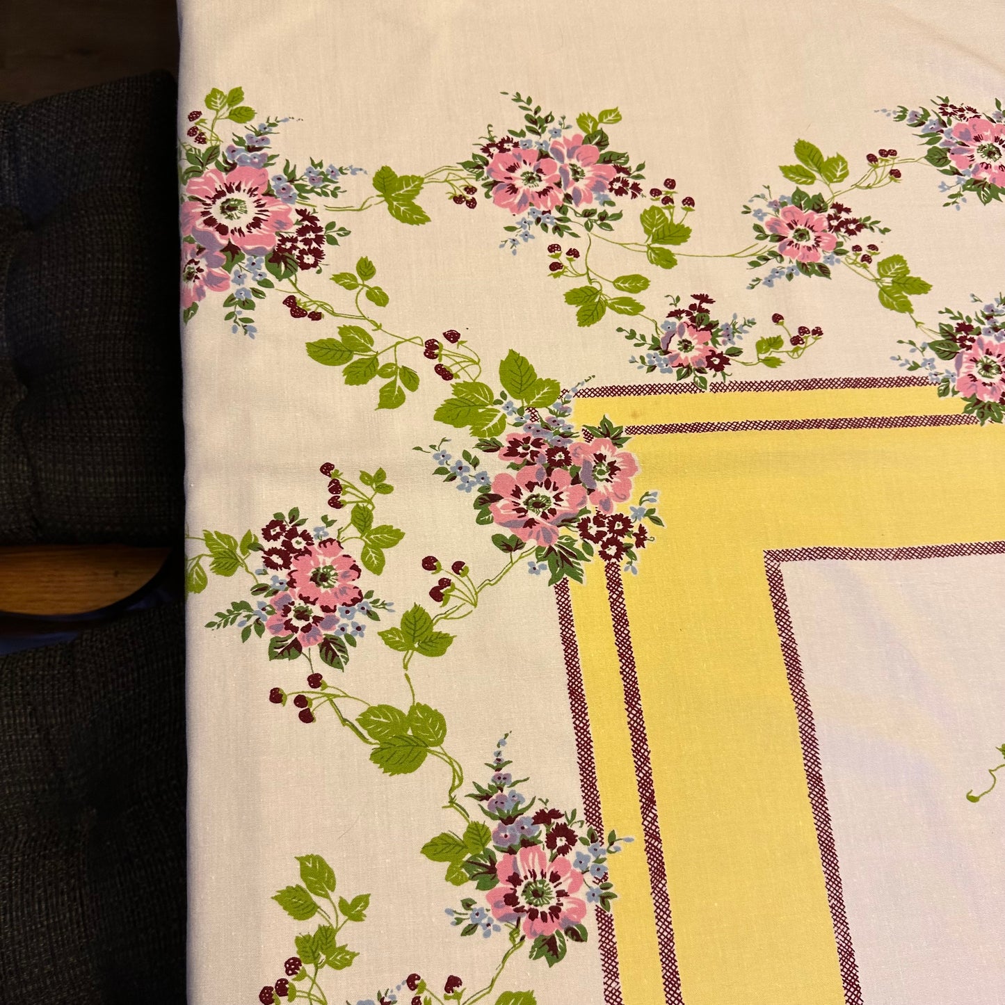 Pink Floral and Yellow Border Tablecloth 47 X 51