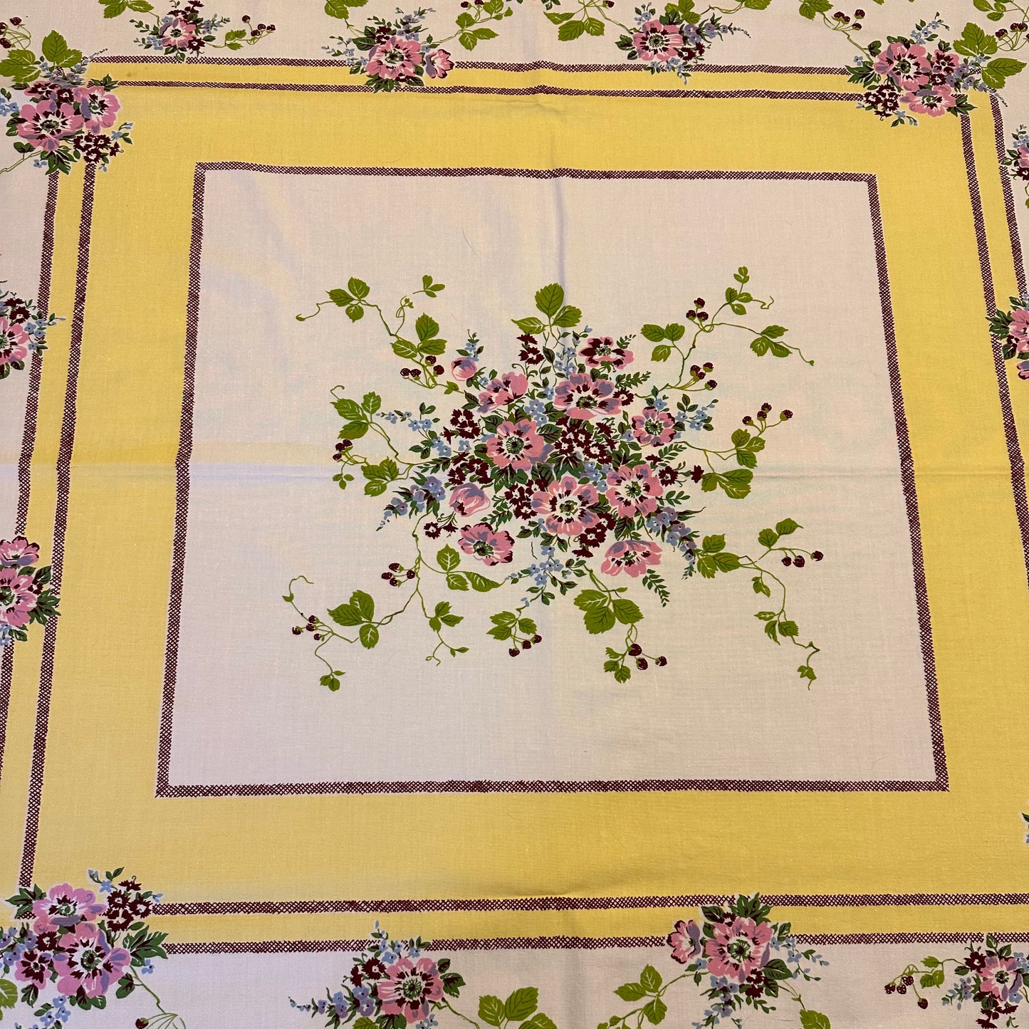 Pink Floral and Yellow Border Tablecloth 47 X 51