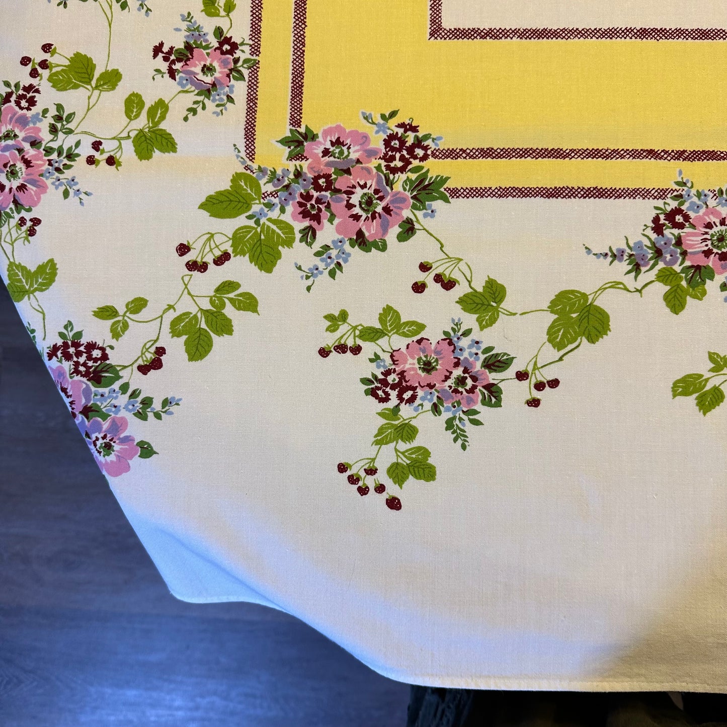 Pink Floral and Yellow Border Tablecloth 47 X 51