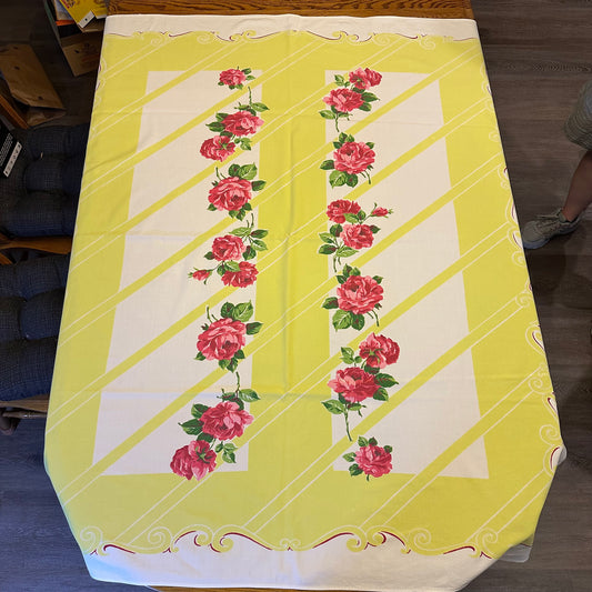 Red Floral and Bright Green Border Tablecloth 58 X 52