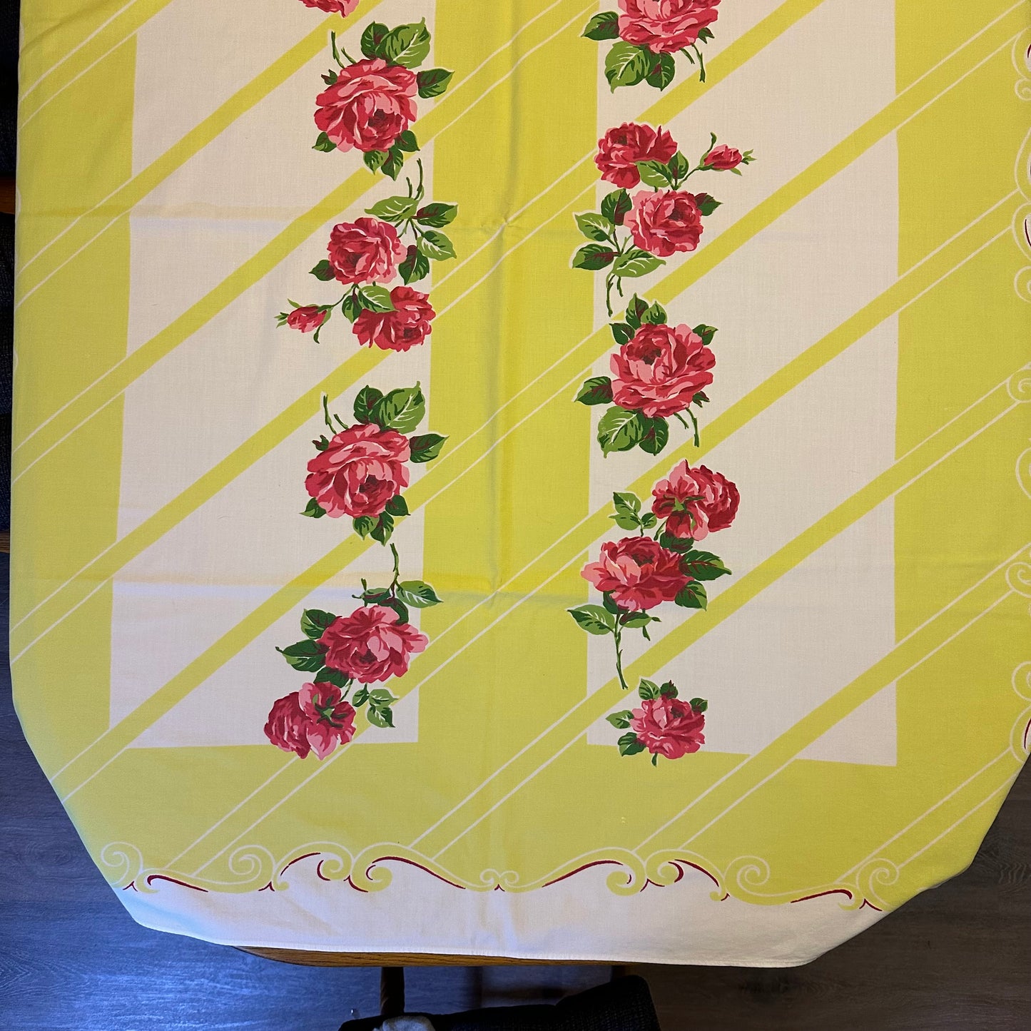Red Floral and Bright Green Border Tablecloth 58 X 52