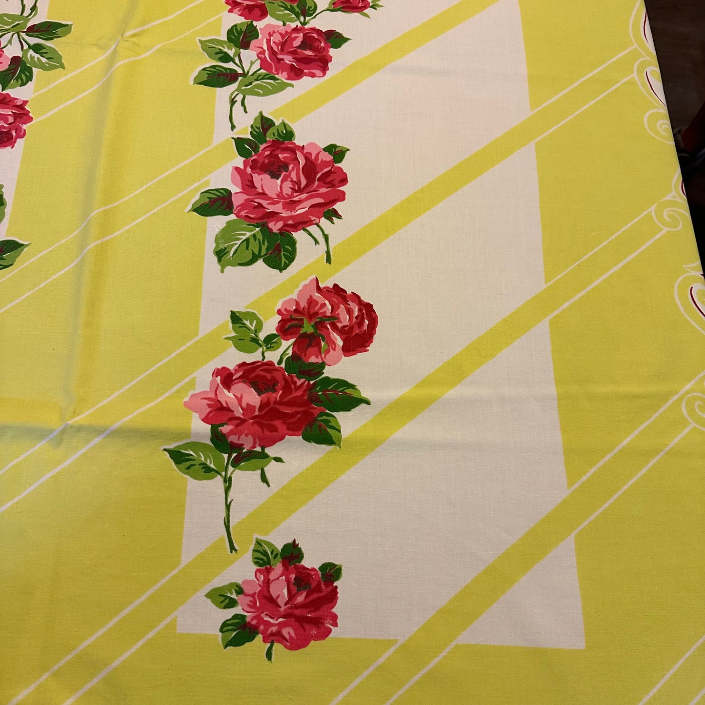 Red Floral and Bright Green Border Tablecloth 58 X 52