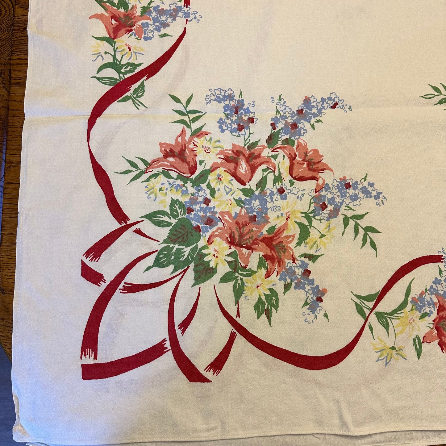 Floral Print and Ribbon Border Tablecloth, 70 X 52
