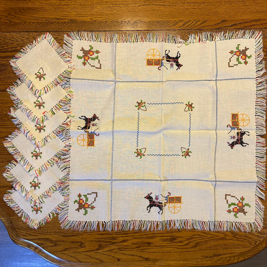 Tablecloth and 6 Coasters, Cross Stiched Horses
