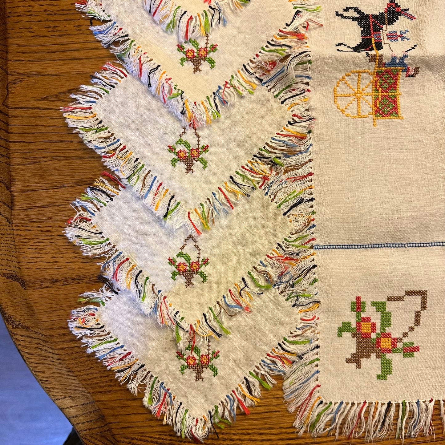 Tablecloth and 6 Coasters, Cross Stiched Horses