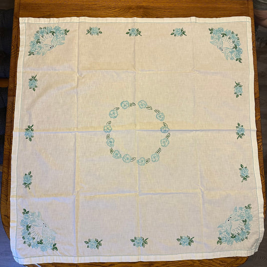 Tablecloth Embrodered Dove and Floral Pattern, 39 X 39
