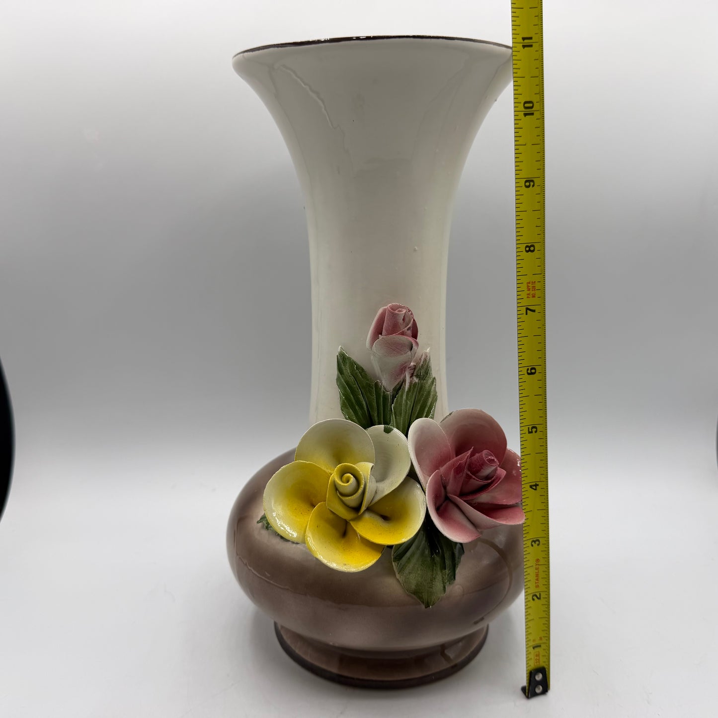 Capodimonte Porcelain Vase, Applied Flowers, 11"