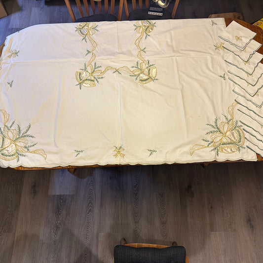 Holiday Bells and Bows Embroidered Tablecloth With 12 Napkins, 112 X 61