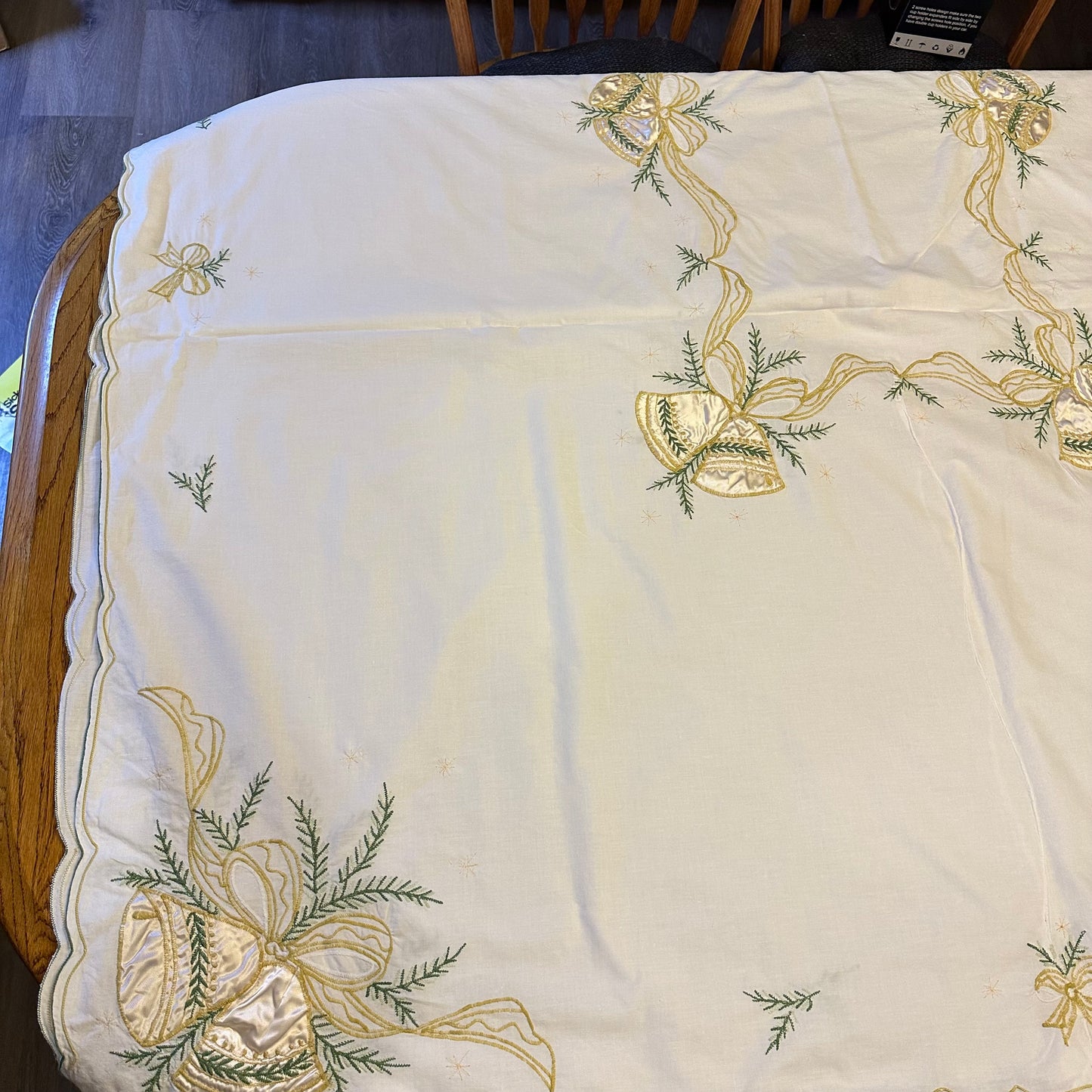 Holiday Bells and Bows Embroidered Tablecloth With 12 Napkins, 112 X 61