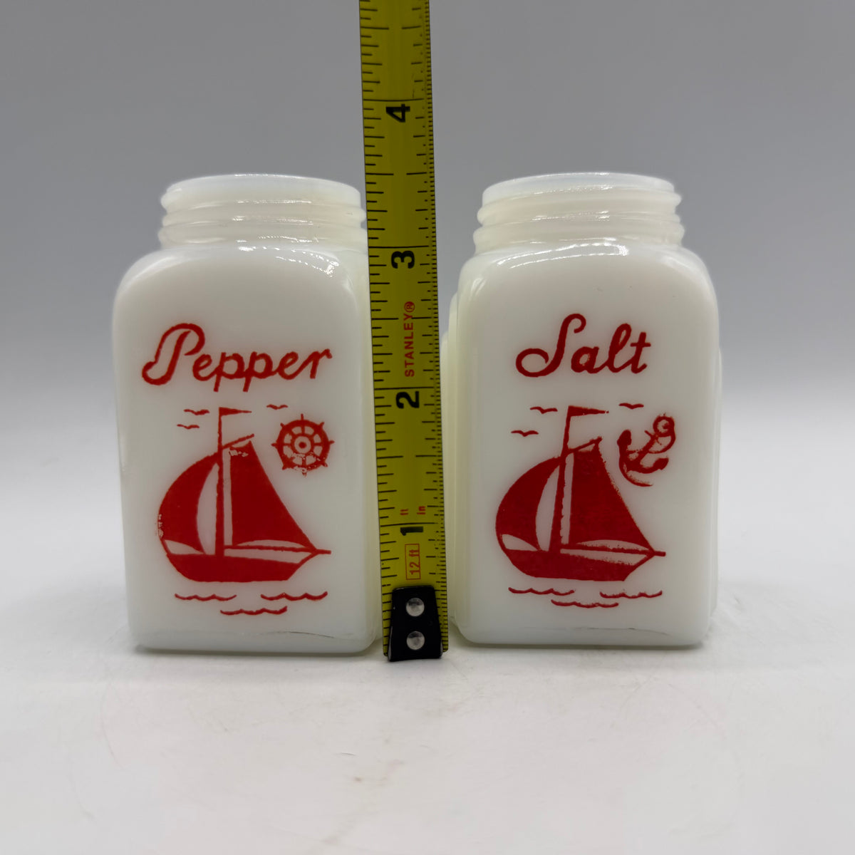 McKee Roman Arched Red Sailboat Salt/Pepper Shaker & Refridgerator Dish