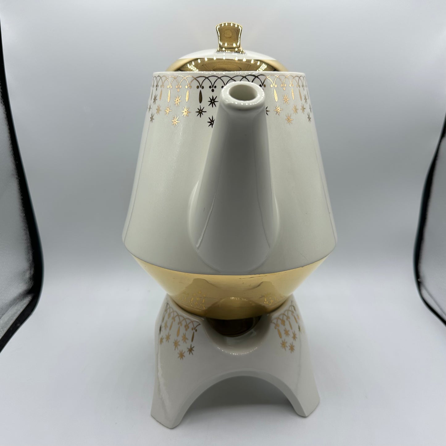 Hall China Flare-Ware Coffee Pot and Warmer, Gold Lace Pattern