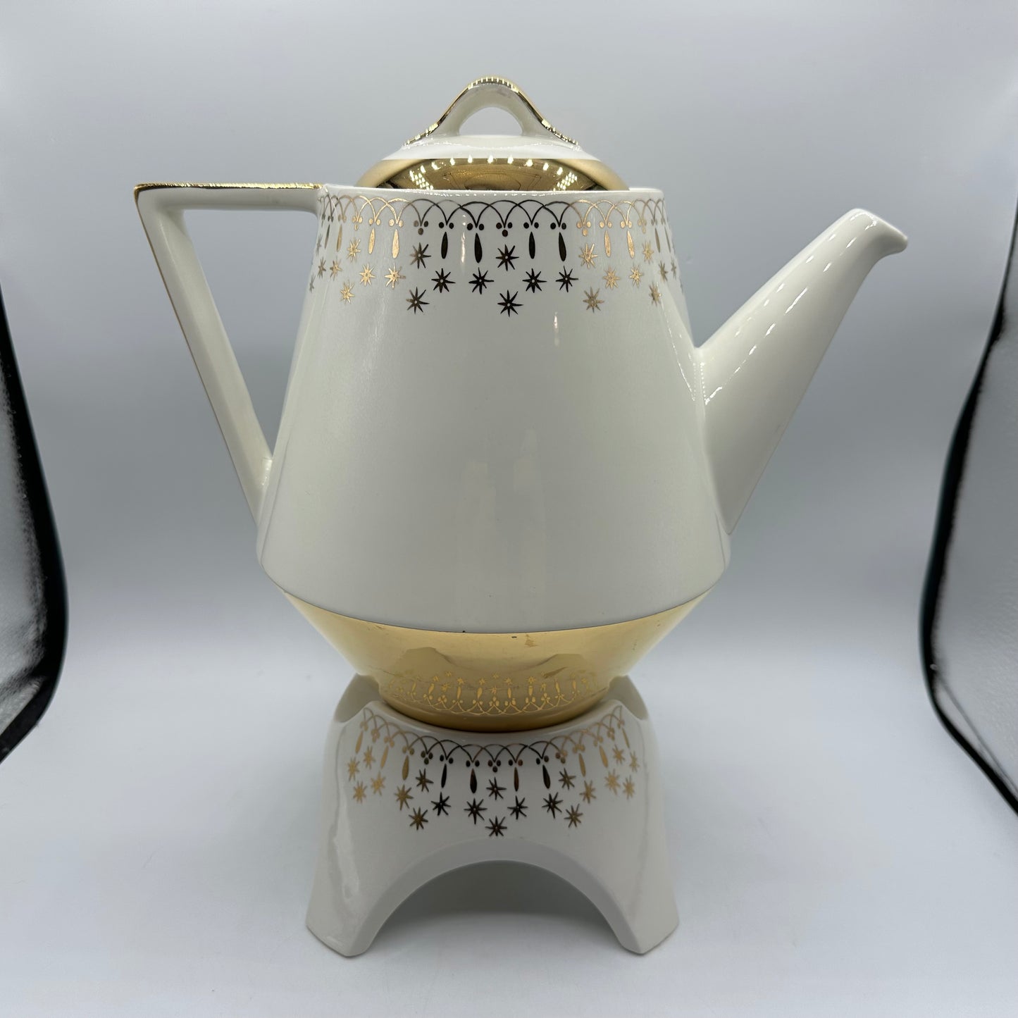 Hall China Flare-Ware Coffee Pot and Warmer, Gold Lace Pattern