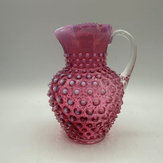Fenton Cranberry Opalescent Hobnail Open Syrup Pitcher, 5.5"