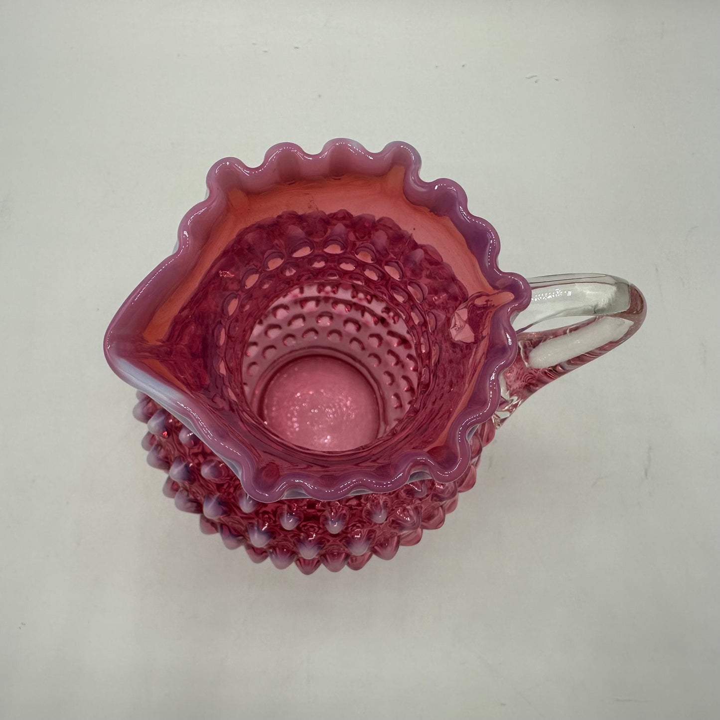 Fenton Cranberry Opalescent Hobnail Open Syrup Pitcher, 5.5"