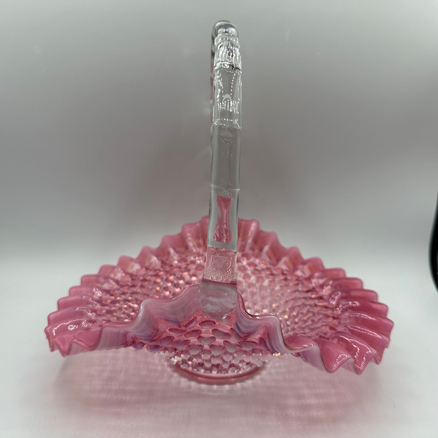 Fenton Cranberry Opalescent Hobnail Ruffled Handled Basket