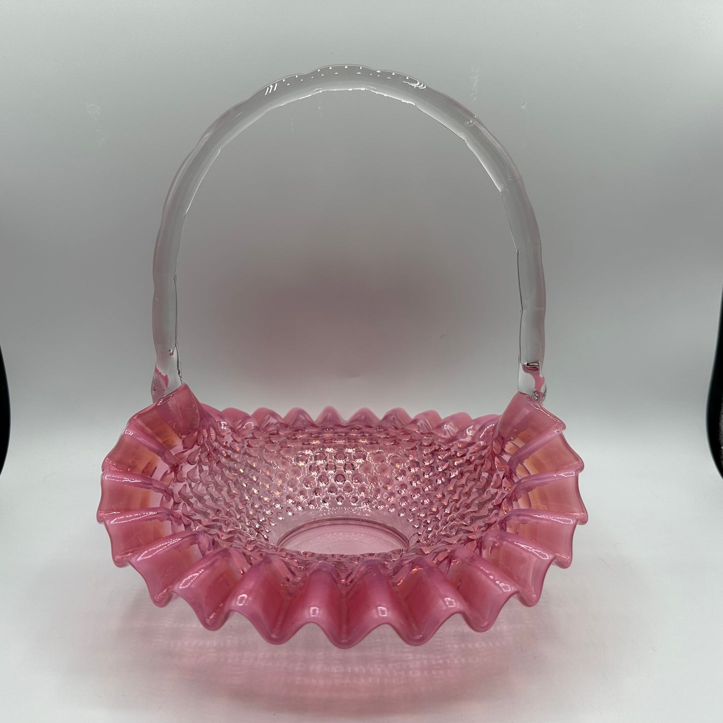 Fenton Cranberry Opalescent Hobnail Ruffled Handled Basket