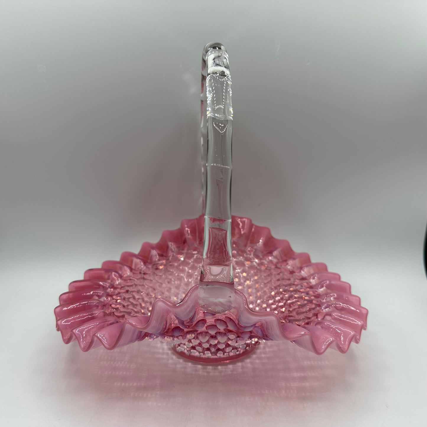 Fenton Cranberry Opalescent Hobnail Ruffled Handled Basket