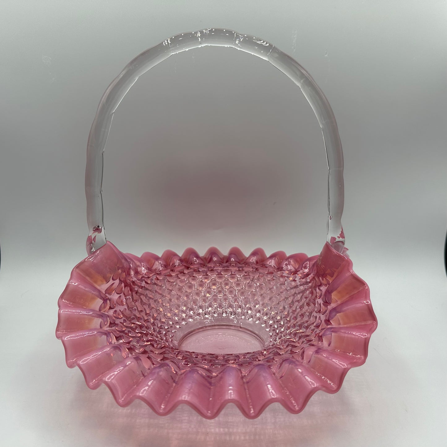 Fenton Cranberry Opalescent Hobnail Ruffled Handled Basket