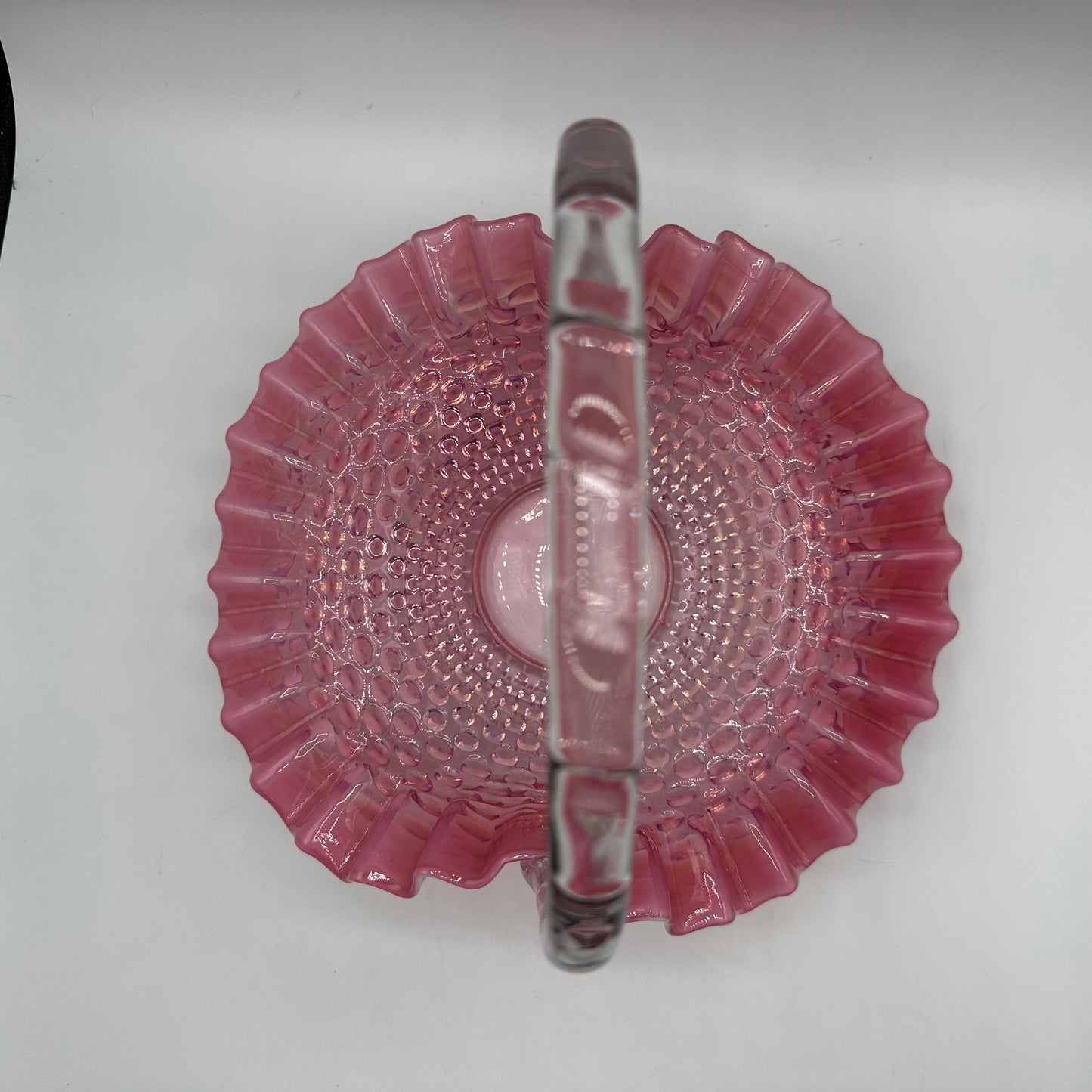 Fenton Cranberry Opalescent Hobnail Ruffled Handled Basket