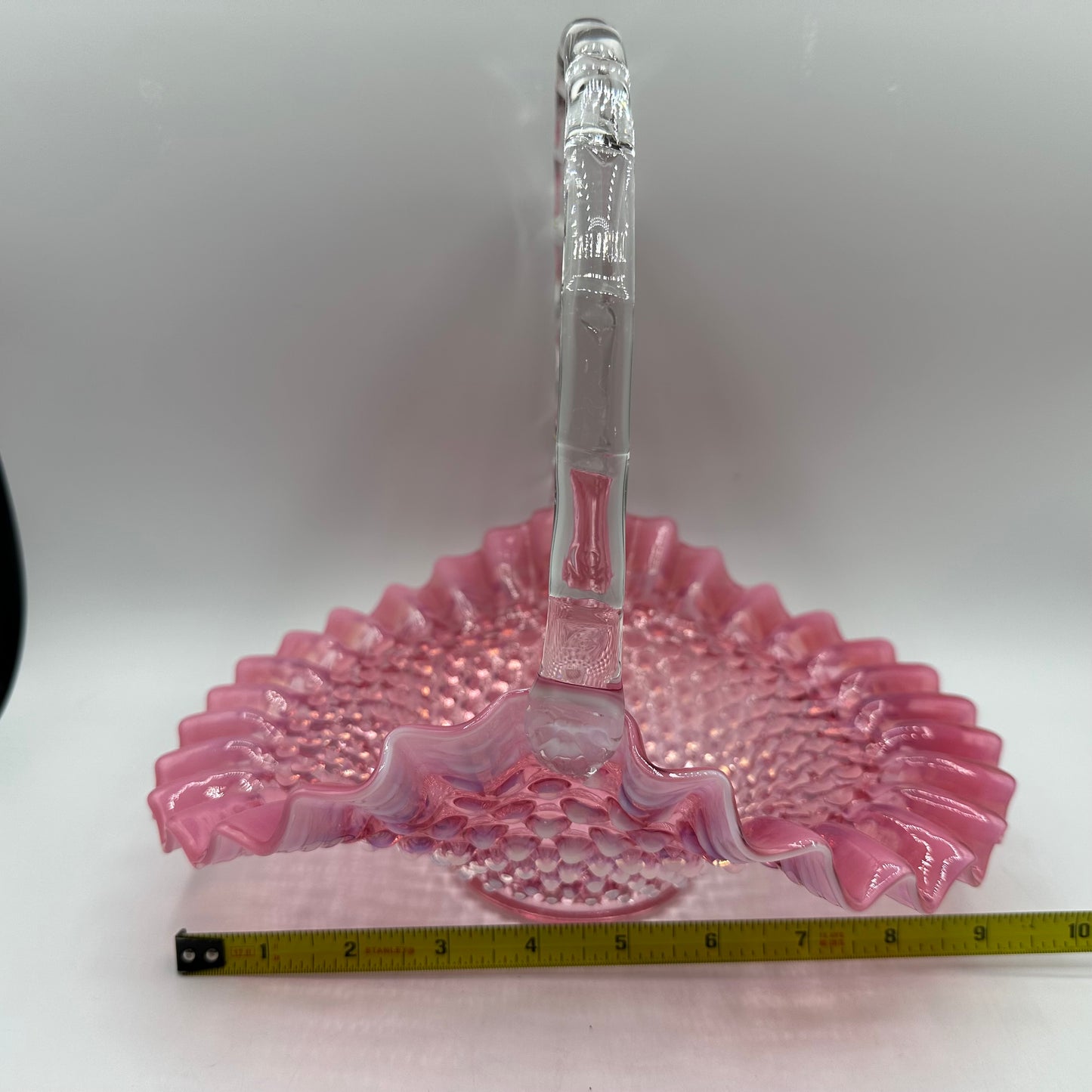 Fenton Cranberry Opalescent Hobnail Ruffled Handled Basket