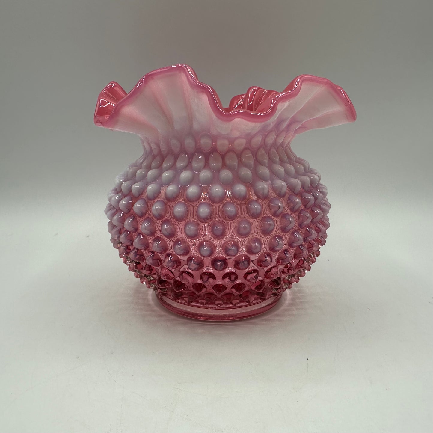 Fenton Cranberry Opalescent Hobnail Double Crimped Vase 5" Tall