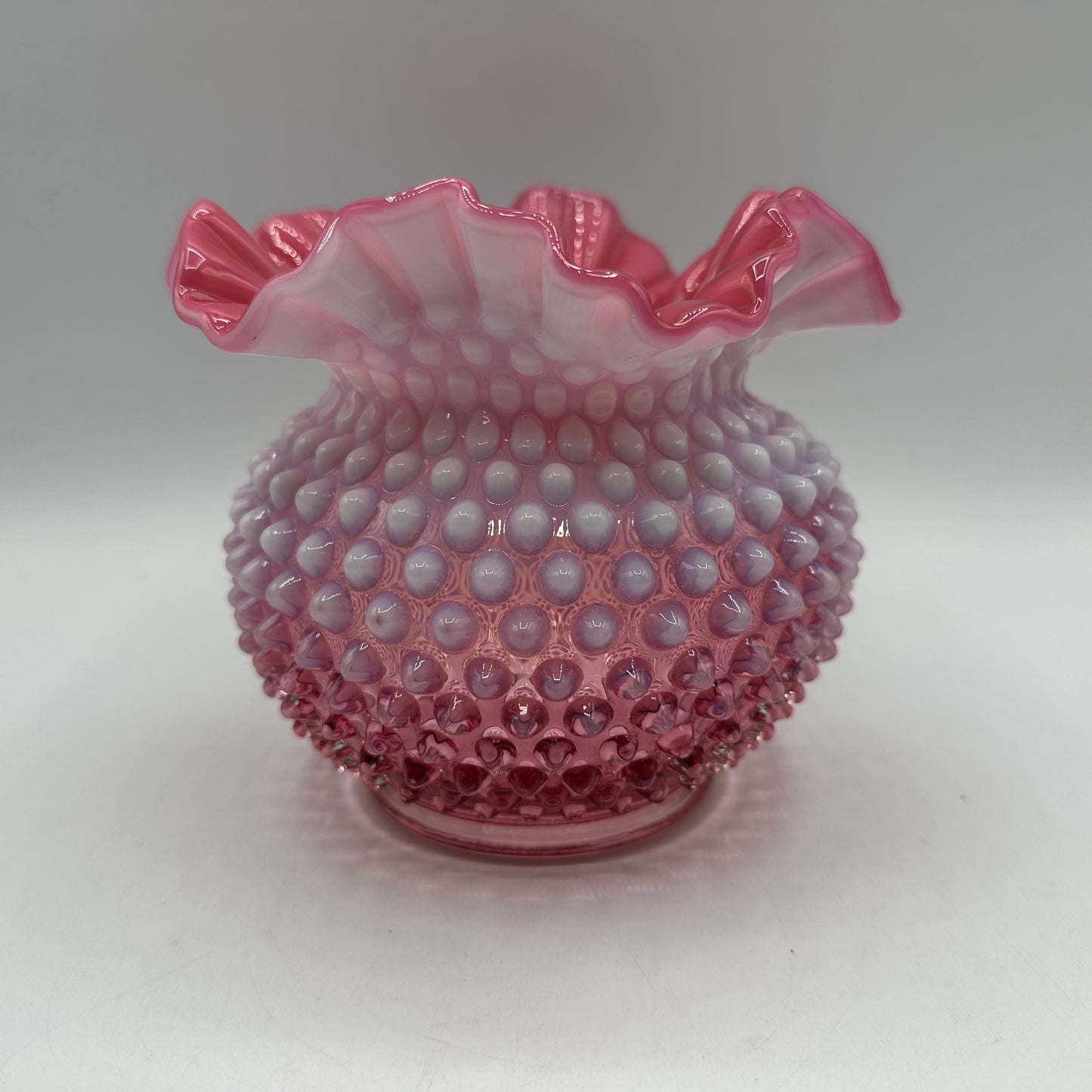 Fenton Cranberry Opalescent Hobnail Double Crimped Vase 5" Tall