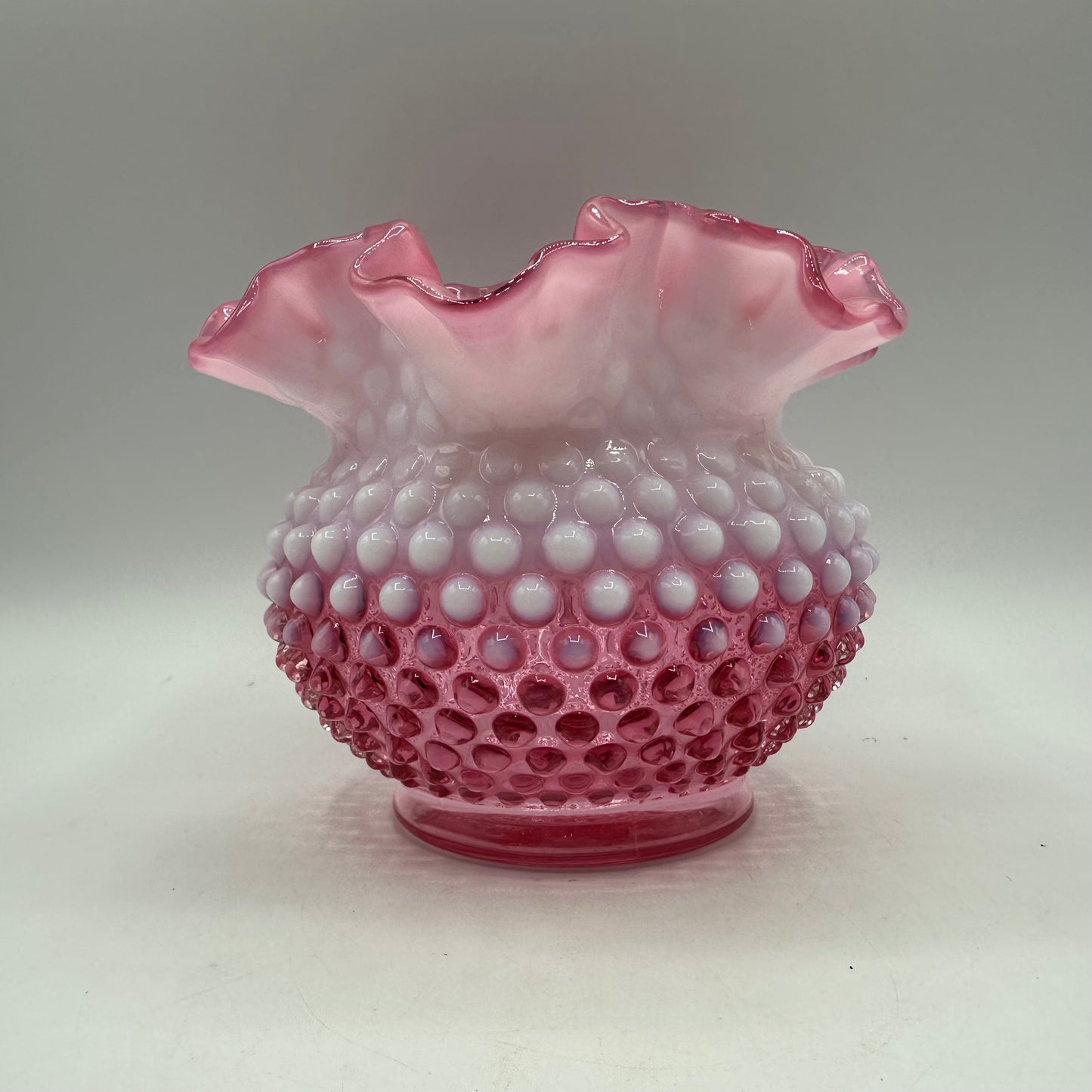 Fenton Cranberry Opalescent Hobnail Double Crimped Vase 4.75" Tall