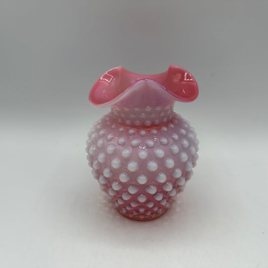 Fenton Cranberry Opalescent Hobnail Crimped Triangle Vase 5" Tall