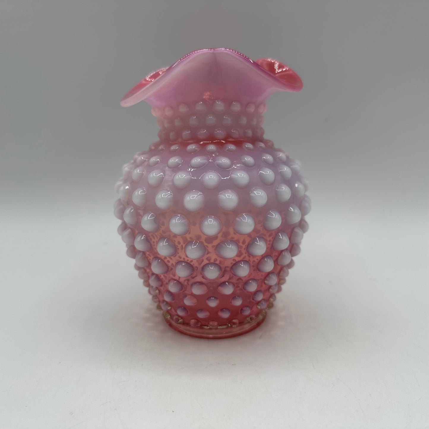 Fenton Cranberry Opalescent Hobnail Crimped Triangle Vase 5" Tall