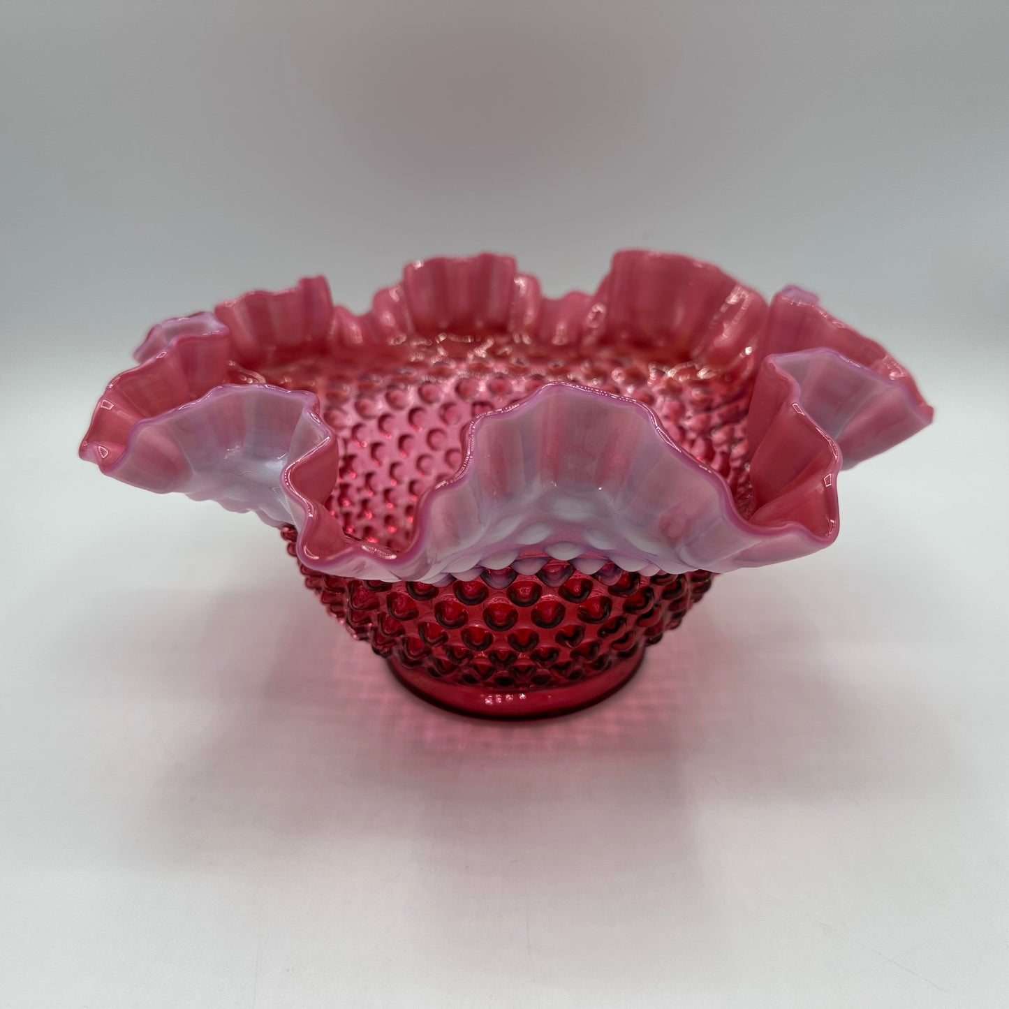 Fenton Cranberry Opalescent Hobnail Ruffled Bowl 9"