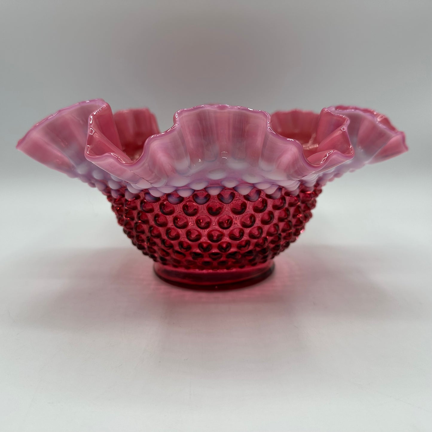 Fenton Cranberry Opalescent Hobnail Ruffled Bowl 9"