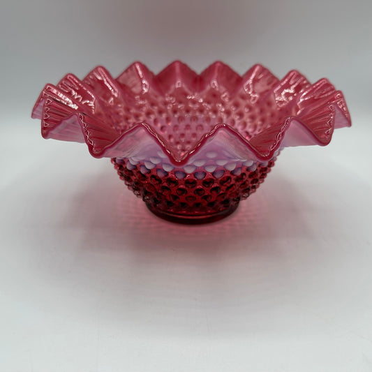 Fenton Cranberry Opalescent Hobnail Pie Crust Edge Bowl, 9"