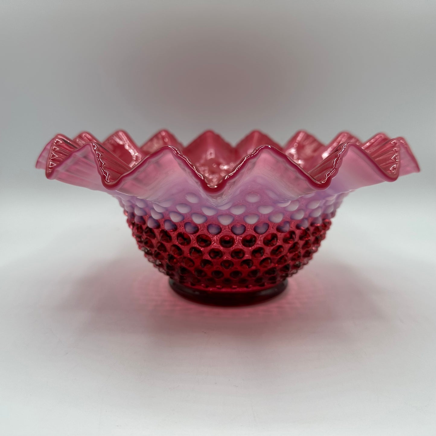 Fenton Cranberry Opalescent Hobnail Pie Crust Edge Bowl, 9"