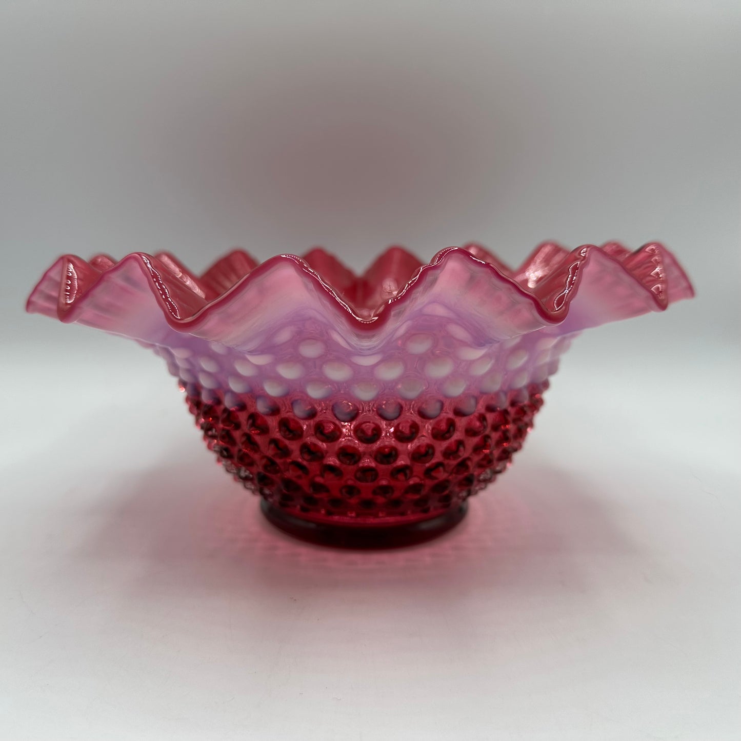 Fenton Cranberry Opalescent Hobnail Pie Crust Edge Bowl, 9"