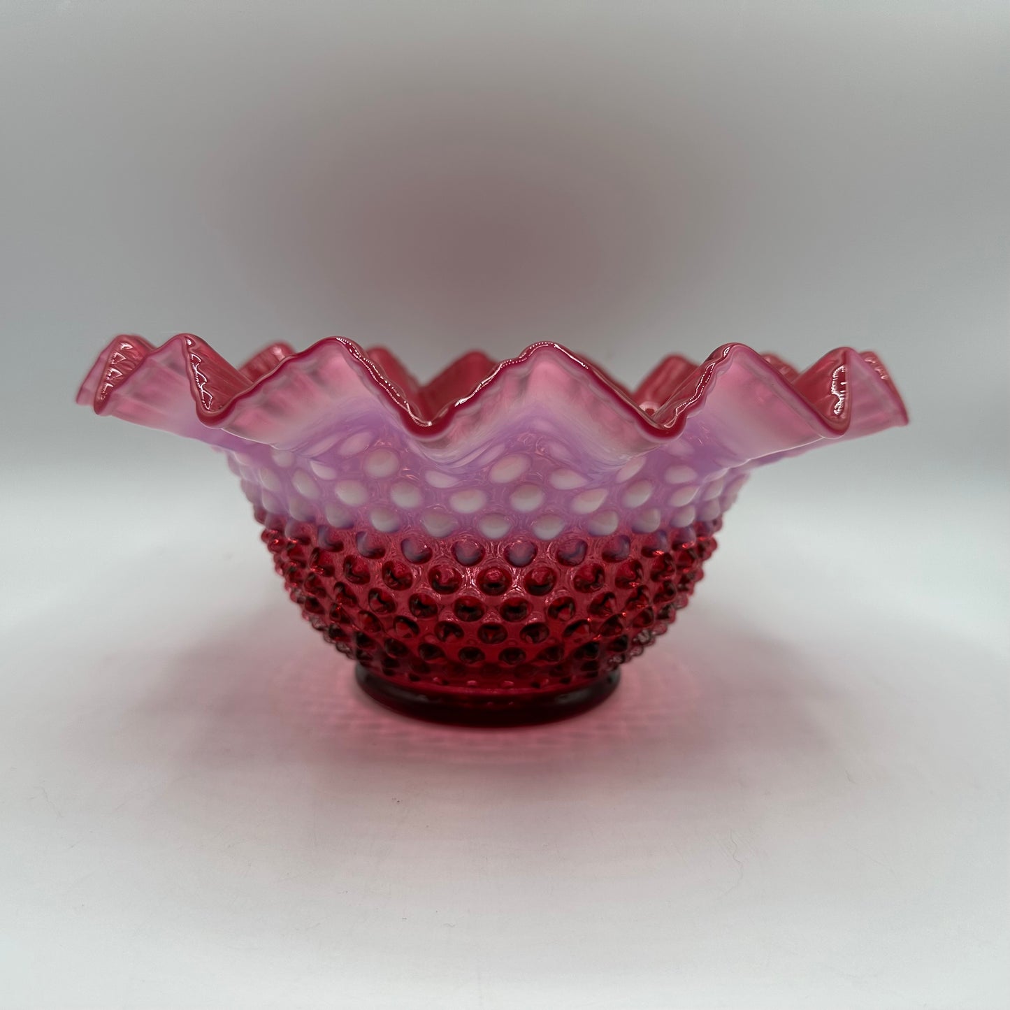 Fenton Cranberry Opalescent Hobnail Pie Crust Edge Bowl, 9"