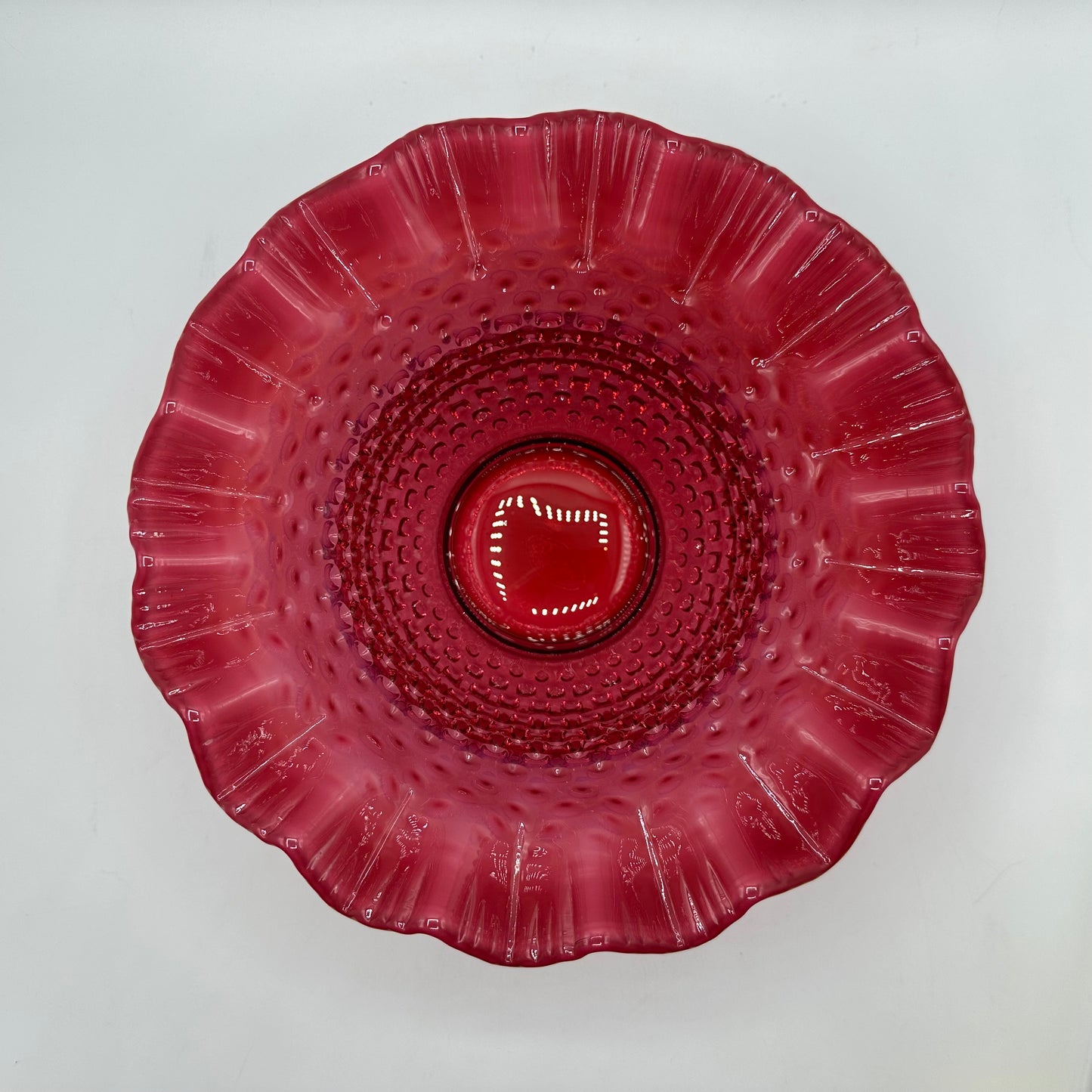 Fenton Cranberry Opalescent Hobnail Pie Crust Edge Bowl, 9"
