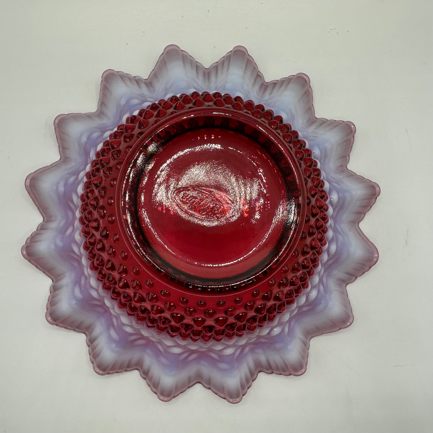 Fenton Cranberry Opalescent Hobnail Pie Crust Edge Bowl, 9"