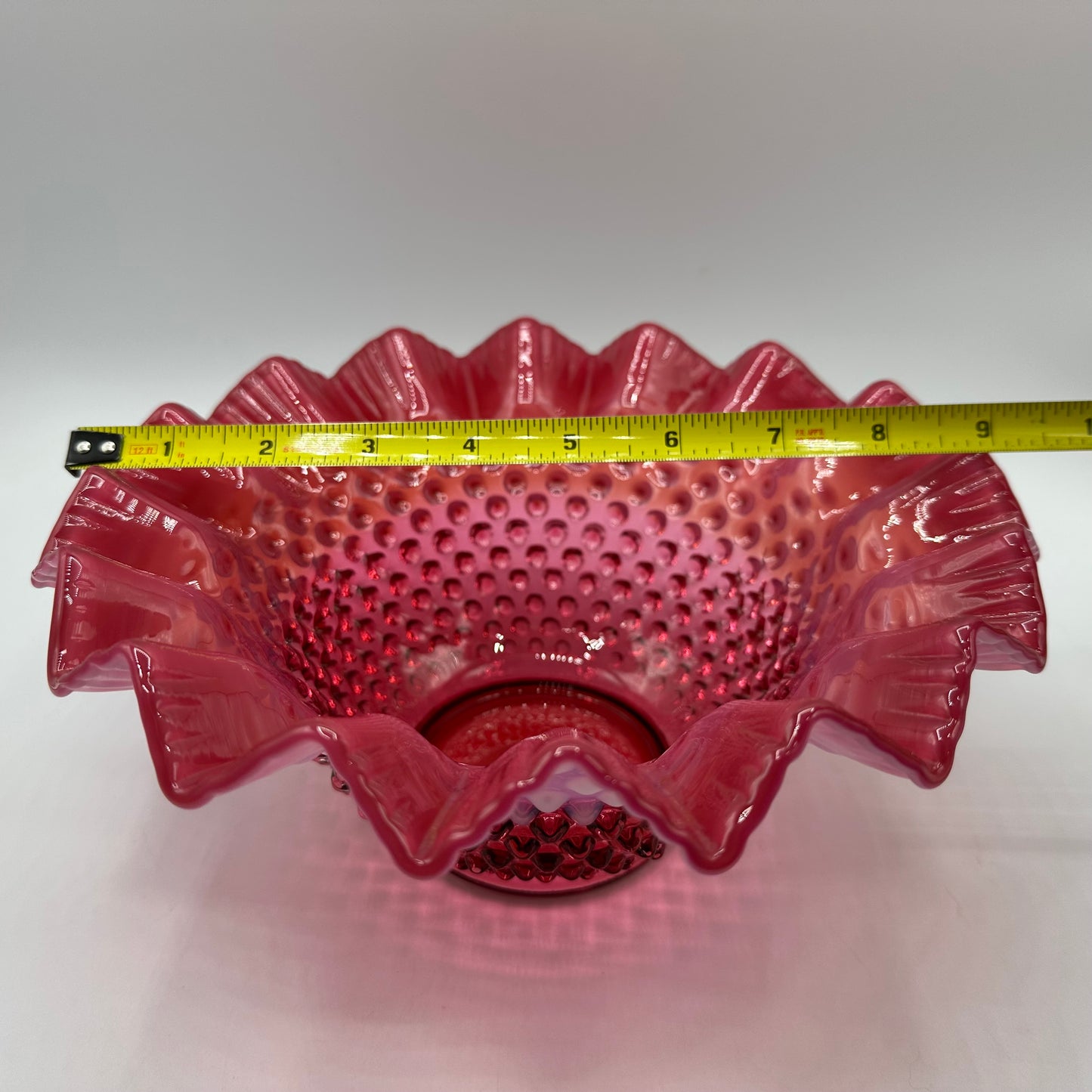 Fenton Cranberry Opalescent Hobnail Pie Crust Edge Bowl, 9"