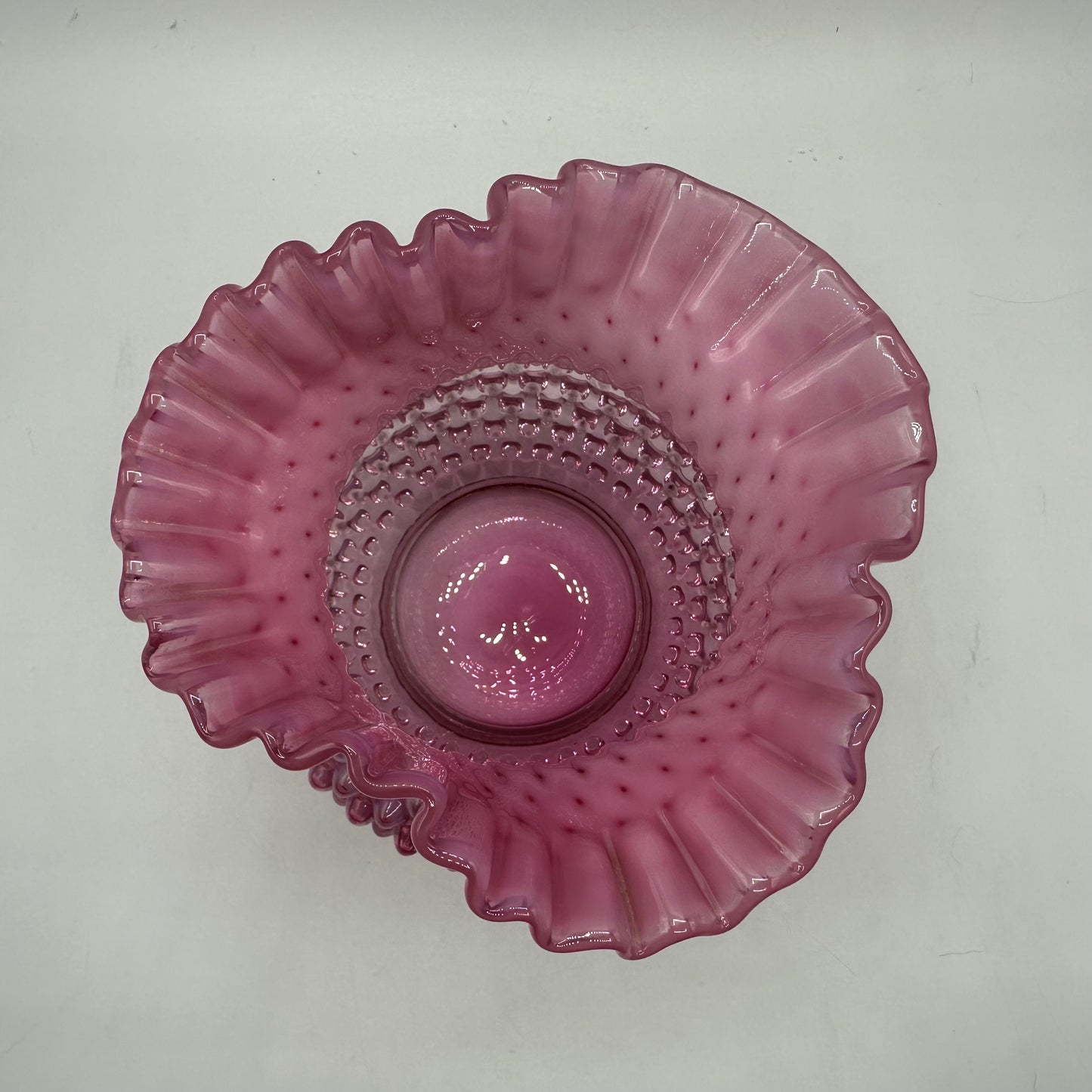 Fenton Cranberry Opalescent Hobnail Ruffled Vase 5.5" Tall