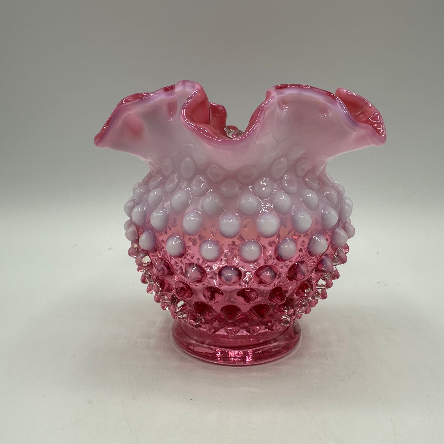 Fenton Cranberry Opalescent Hobnail Ruffled Vase  4.25" Tall