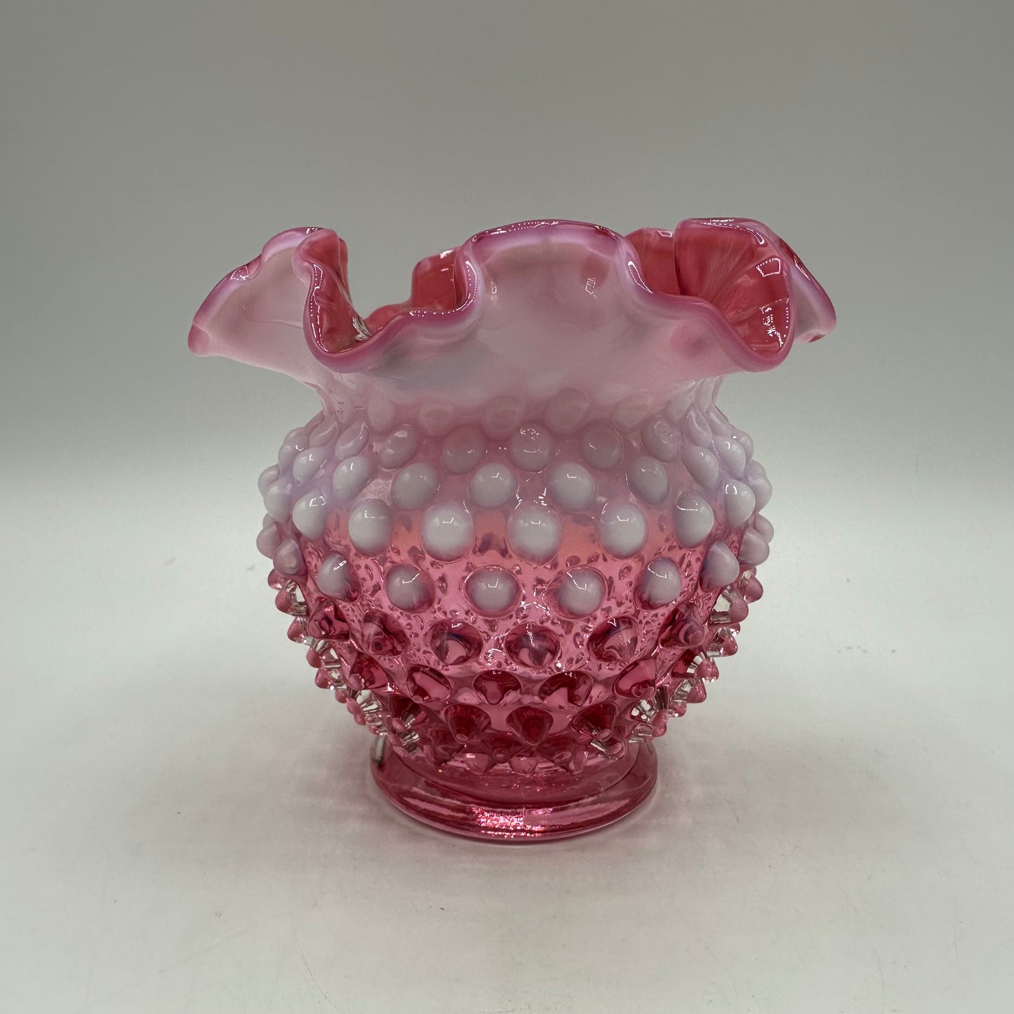 Fenton Cranberry Opalescent Hobnail Ruffled Vase  4.25" Tall