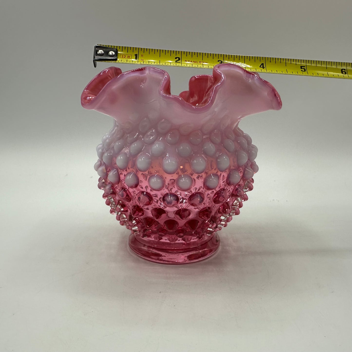 Fenton Cranberry Opalescent Hobnail Ruffled Vase  4.25" Tall
