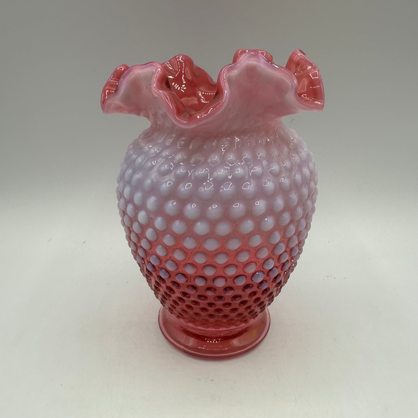 Fenton Cranberry Opalescent Hobnail Ruffled Vase 6" Tall