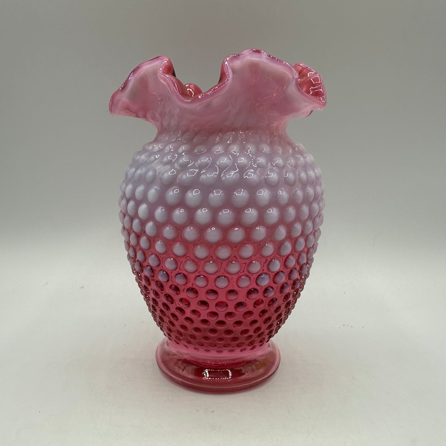 Fenton Cranberry Opalescent Hobnail Ruffled Vase 6" Tall